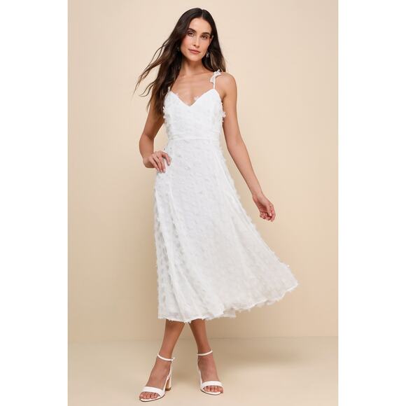 NWT Lulus Darling Flirtation White 3D Floral Applique Tie-Back Midi Dress Sz S - Picture 1 of 9